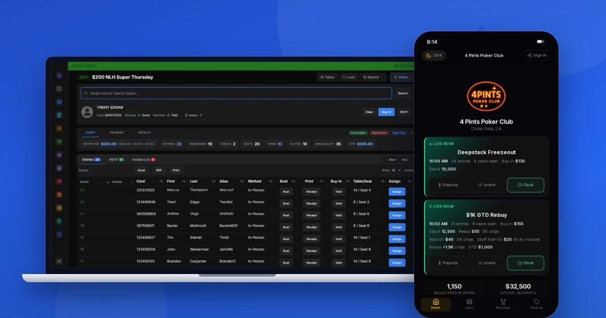 Tournament registration on a workstation and the tournaments in the player app