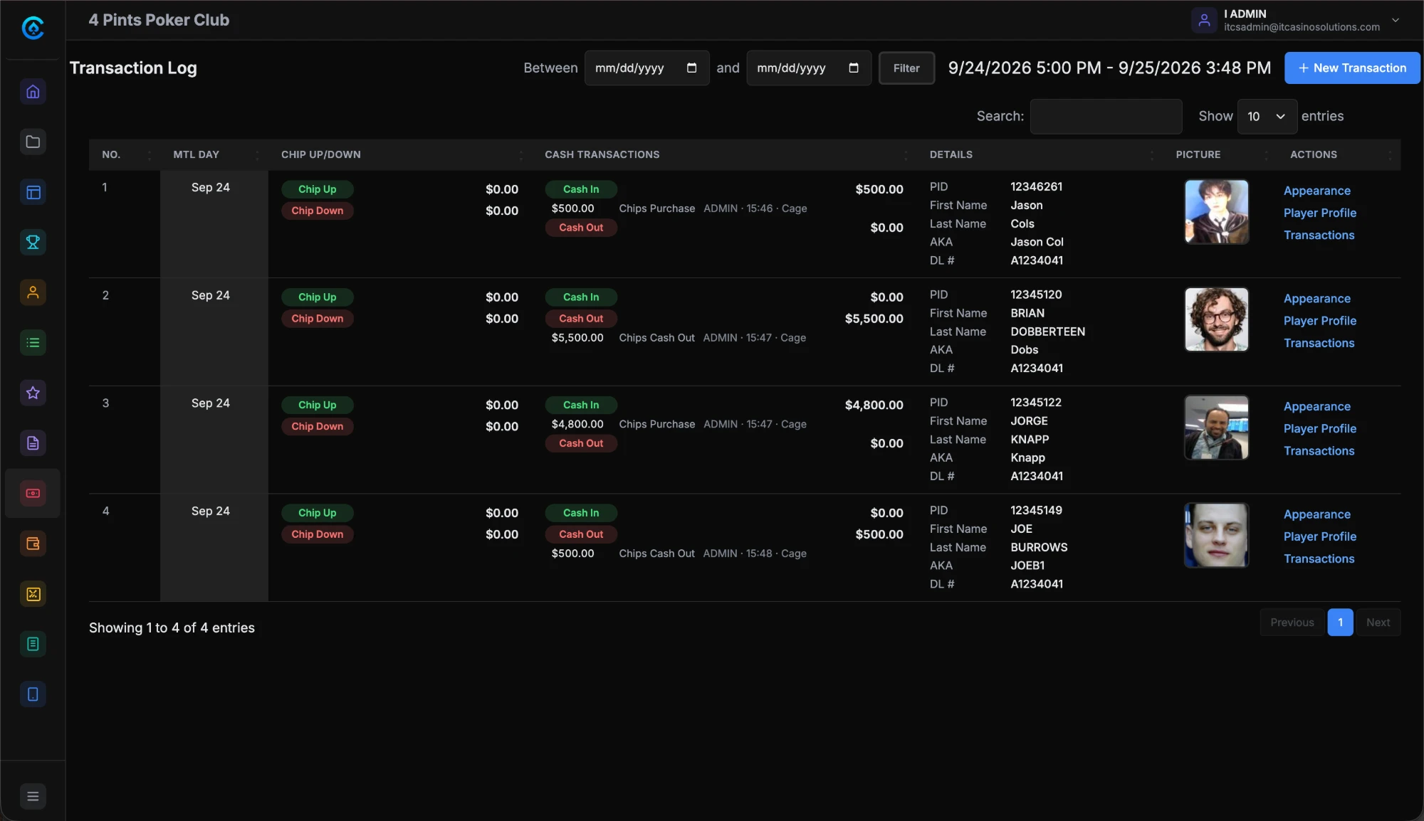 Cage transaction log: chips up and down, cash in and out, the player and their photo on every line