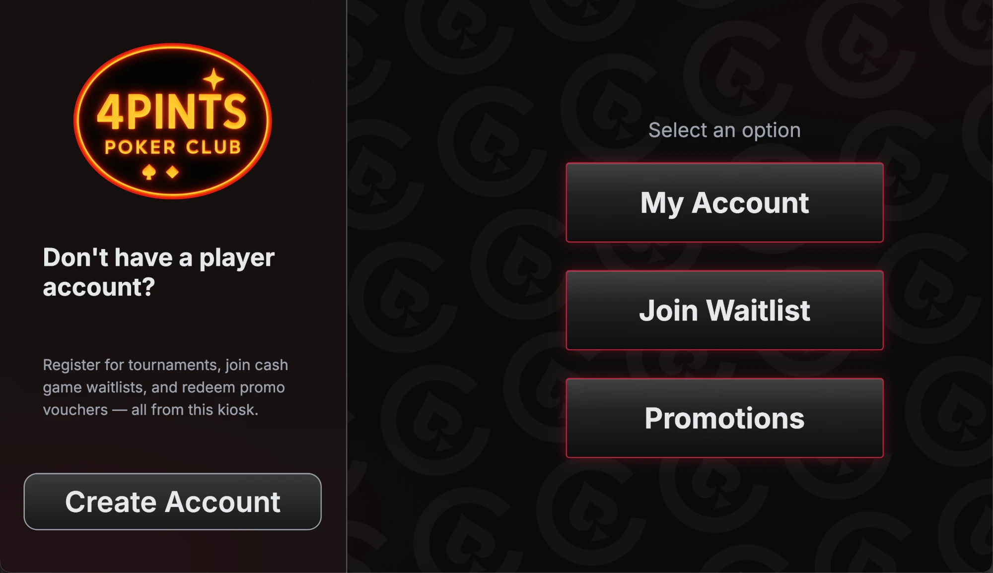 Lobby kiosk: create an account, my account, join waitlist, promotions