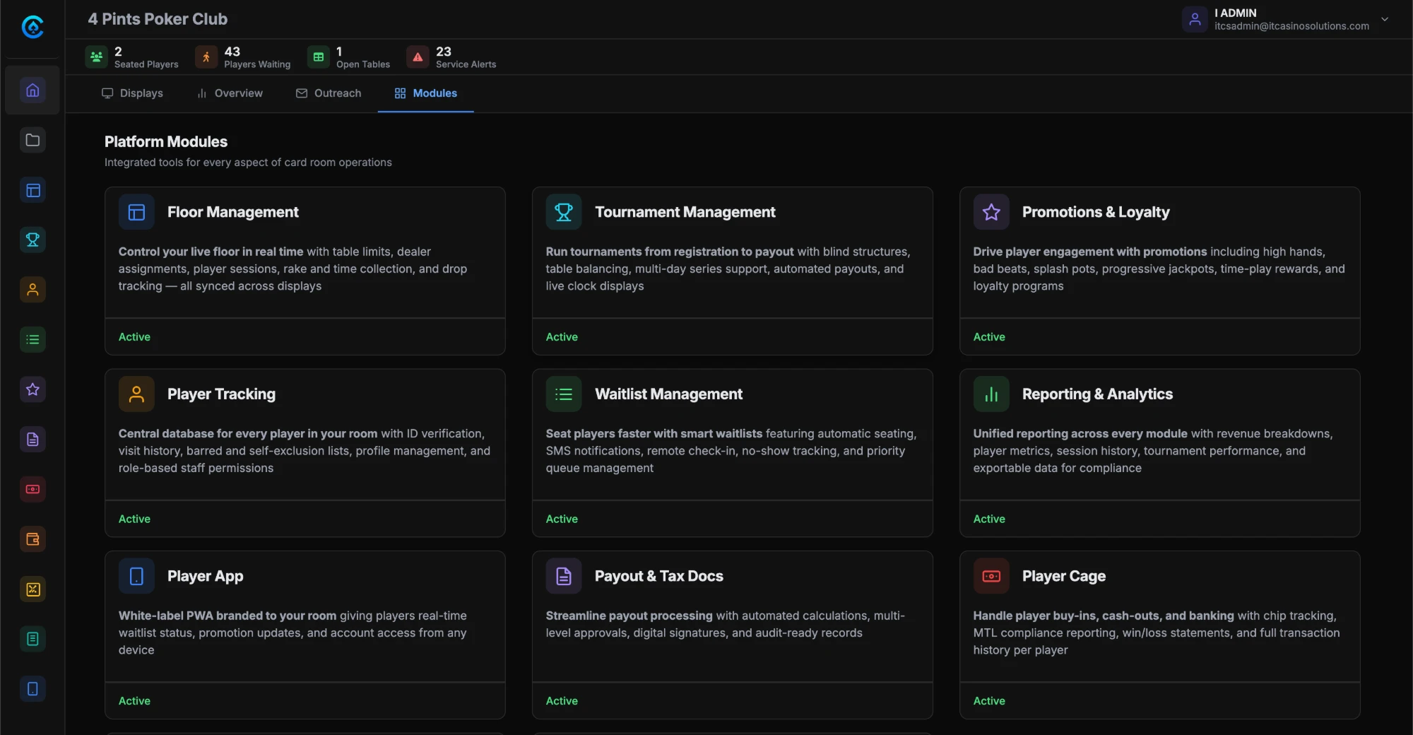 Platform modules: floor management, tournaments, promotions and loyalty, player tracking, waitlist, reporting, player app, payouts and tax docs, player cage
