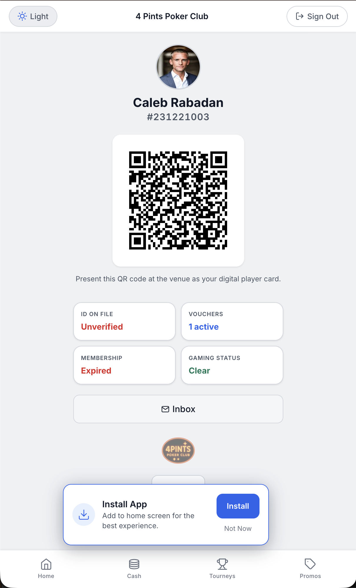 Player account in the app: digital player card as a QR code, ID on file, vouchers, membership and gaming status