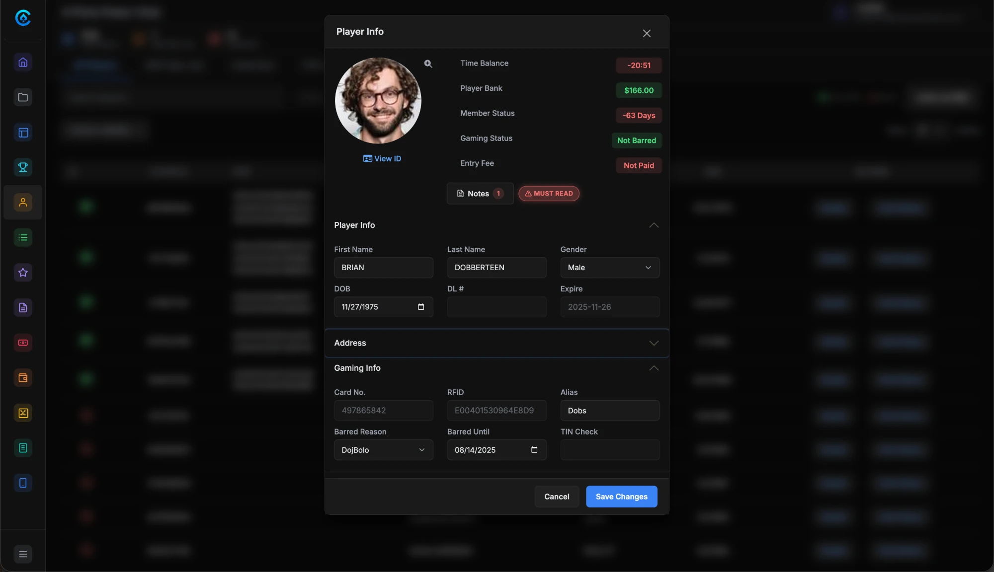 Player info: photo and ID, time balance, player bank, membership and gaming status, entry fee, notes, card and RFID, barred reason and date, TIN check