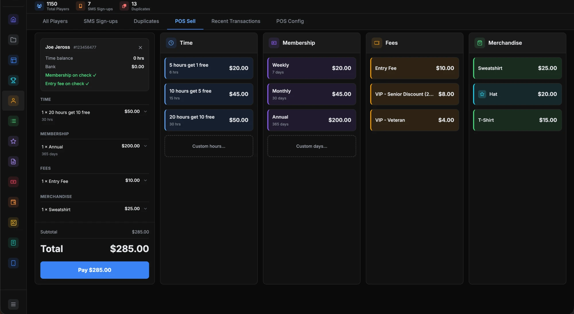 Point of sale screen: time packages, memberships, fees and merchandise on one ticket