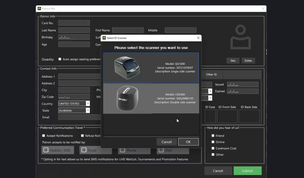 CardOpz Desktop patron form with the Select ID Scanner window open, listing a single-sided and a double-sided ID scanner