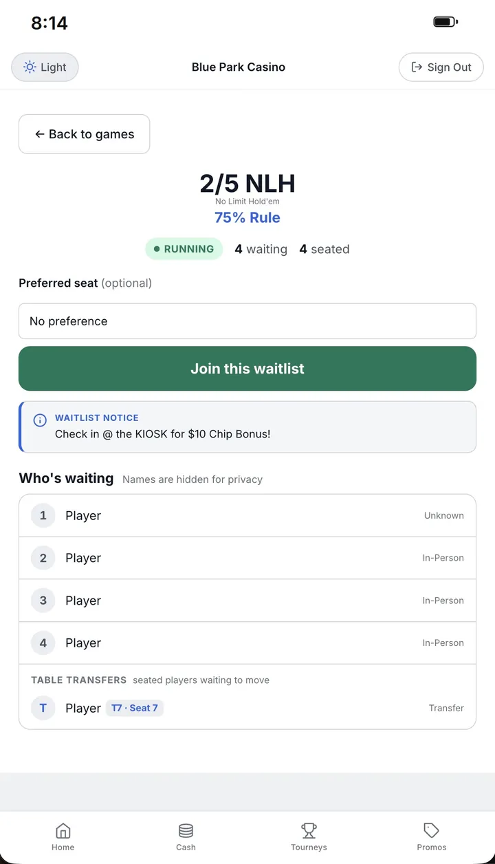 Player app: a cash game with its waitlist, the button to join it, and who is waiting, with names hidden