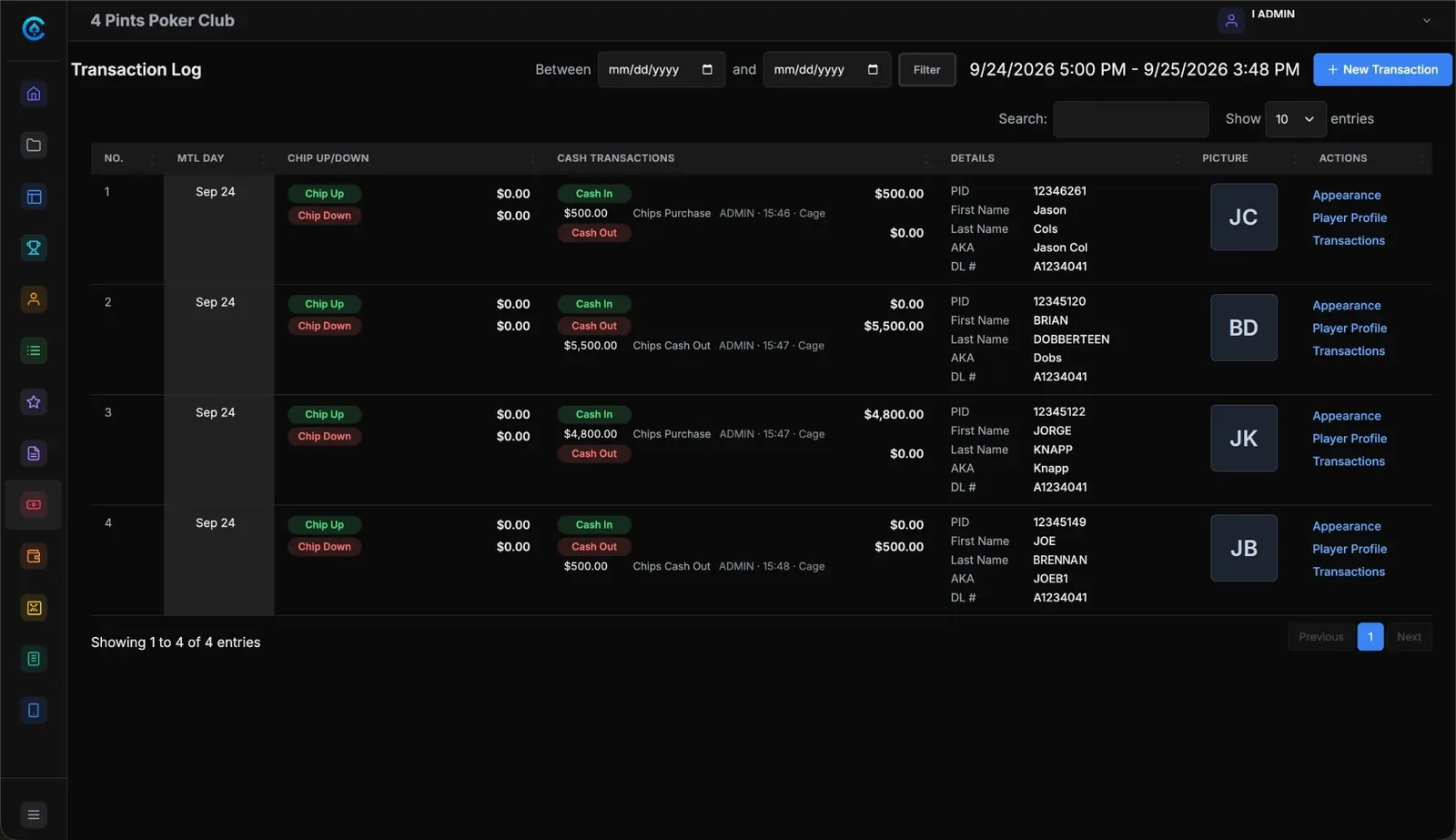 Cage transaction log: chips up and down, and cash in and out, for each transaction