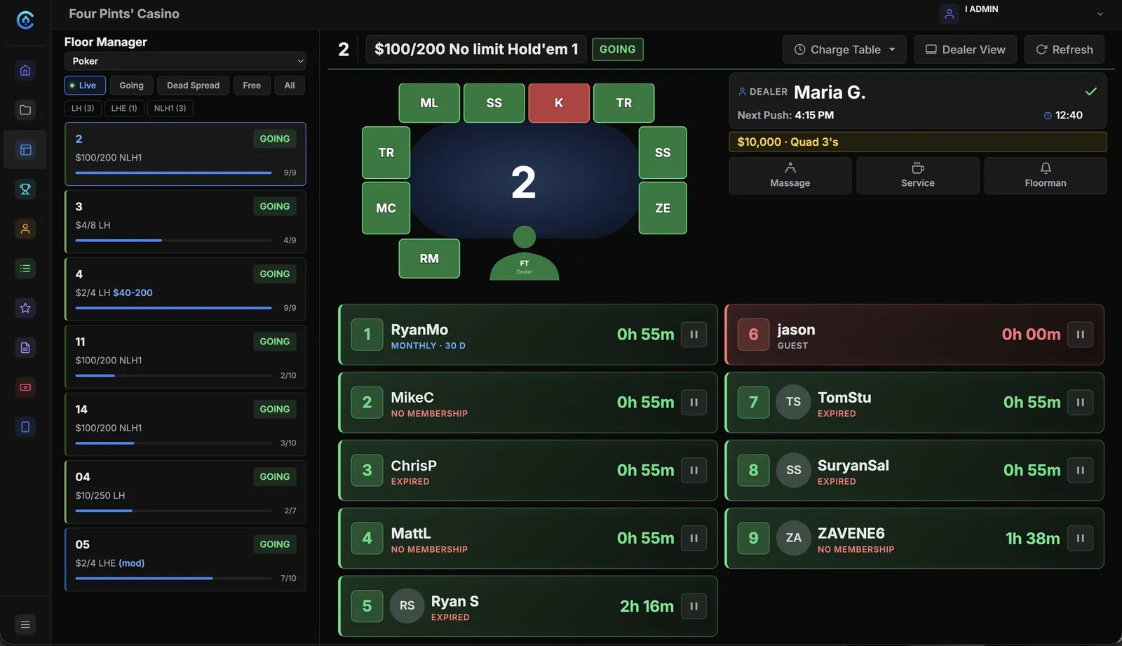 Floor manager: the table map, and every seat with the player, their time in the game and their membership