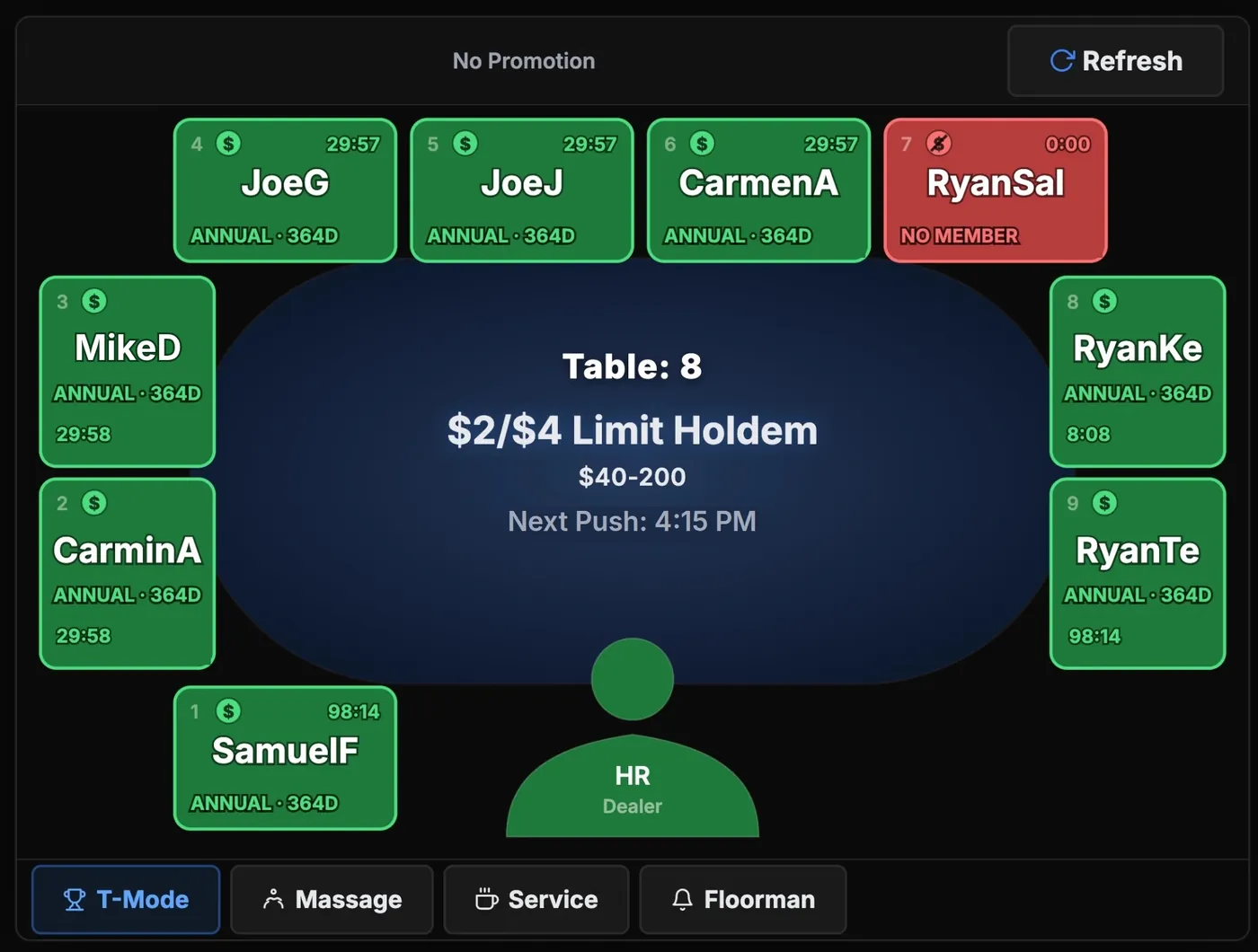 Dealer tablet: every seat at the table with its time, a red seat that needs more time, and the buttons that call the floor and service
